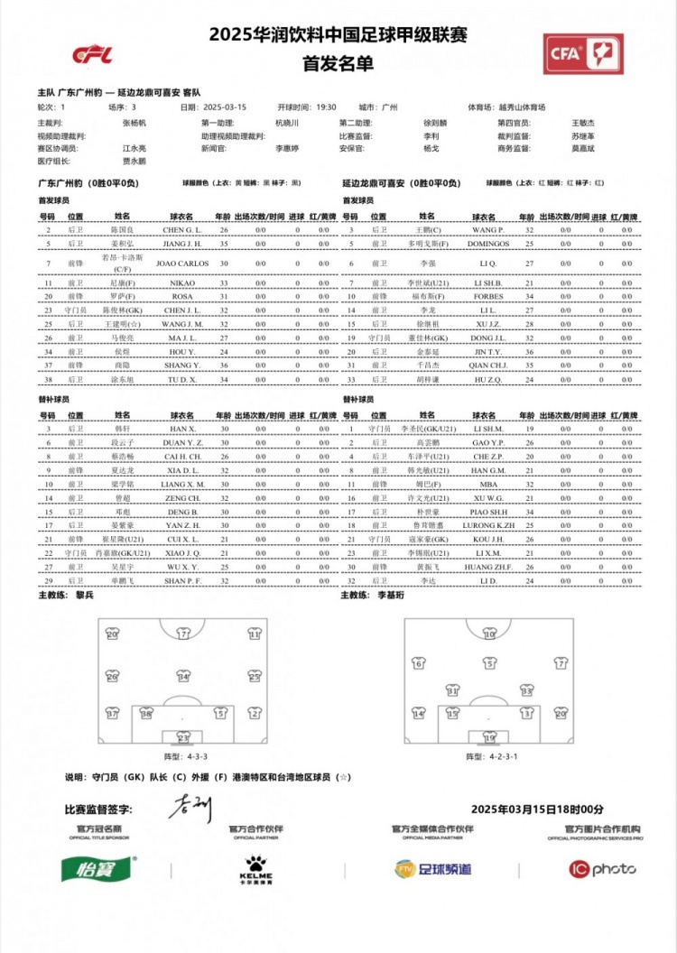  廣州豹vs延邊龍鼎首發(fā)：卡洛斯、羅薩、尼康三外援領(lǐng)銜廣州豹