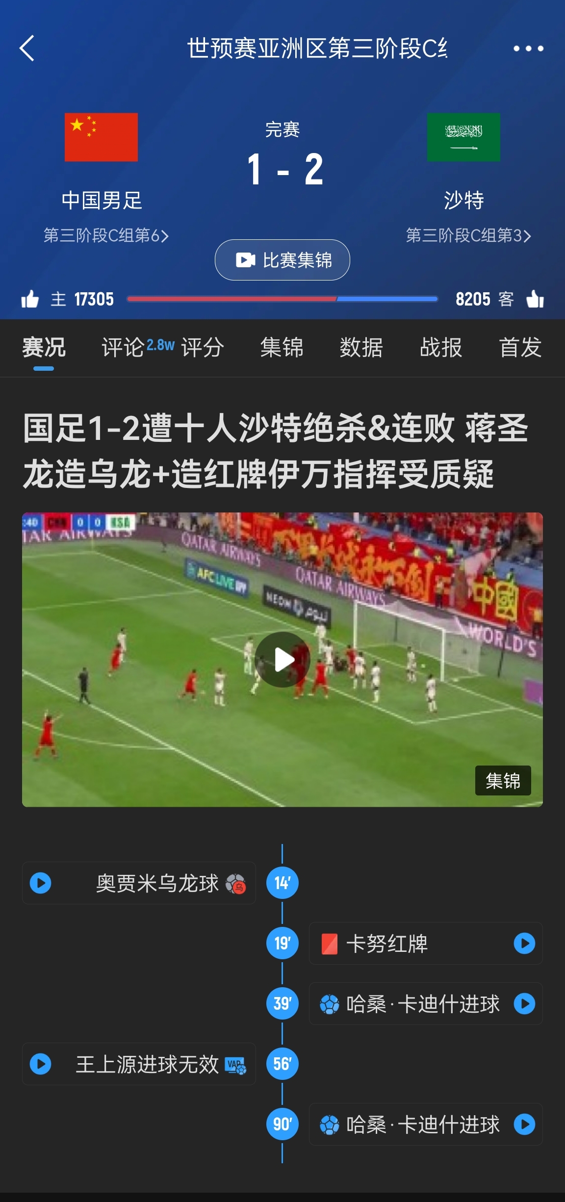  今天什么劇本？首戰(zhàn)沙特也是半場(chǎng)紅牌+蔣光太傷退，最后國(guó)足被翻