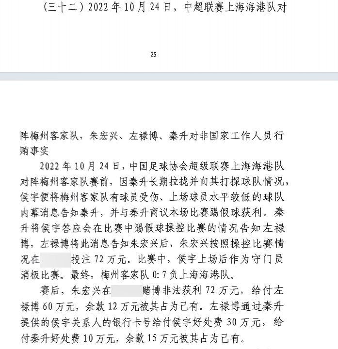  網(wǎng)傳判決書：梅州0-7海港，梅州守門員侯宇收30萬好處費消極比賽
