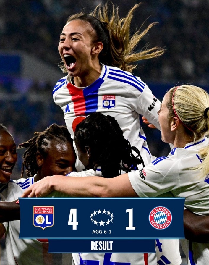  里昂女足4-1大勝拜仁女足，總比分6-1晉級女足歐冠半決賽